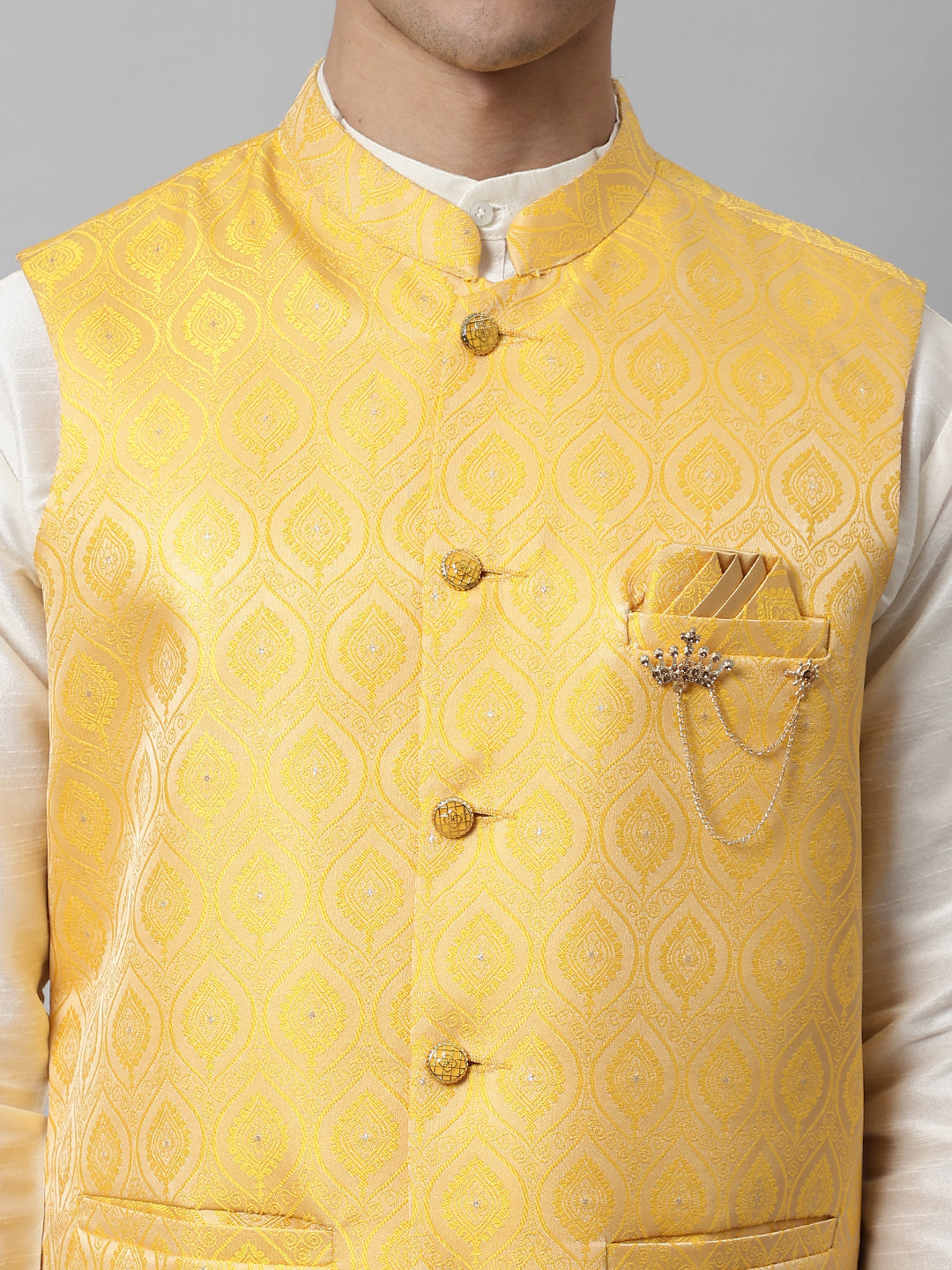Jompers Men's Off White Solid Kurta Pyjama with Yellow Woven Design Nehru Jacket