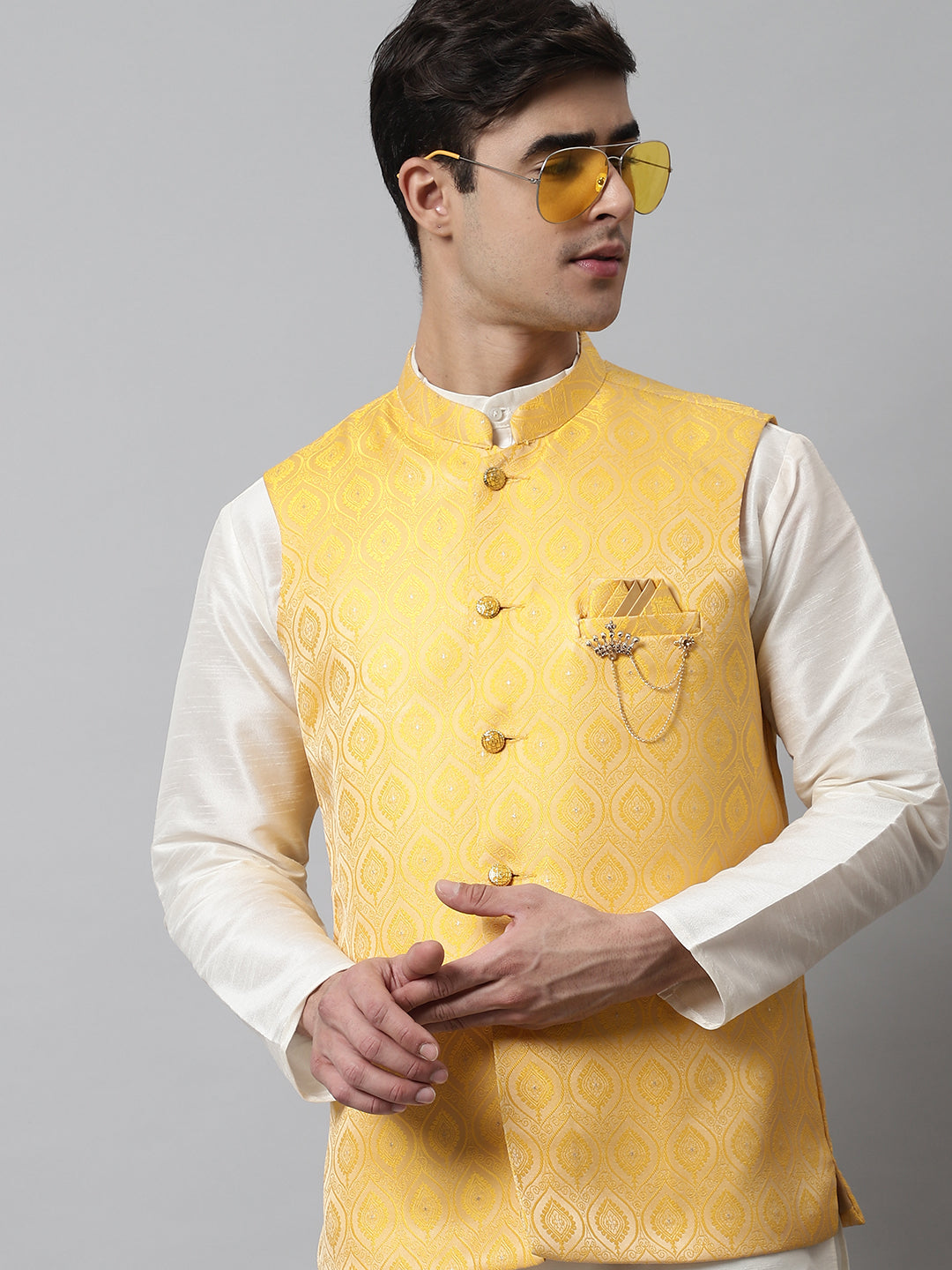 Jompers Men's Off White Solid Kurta Pyjama with Yellow Woven Design Nehru Jacket
