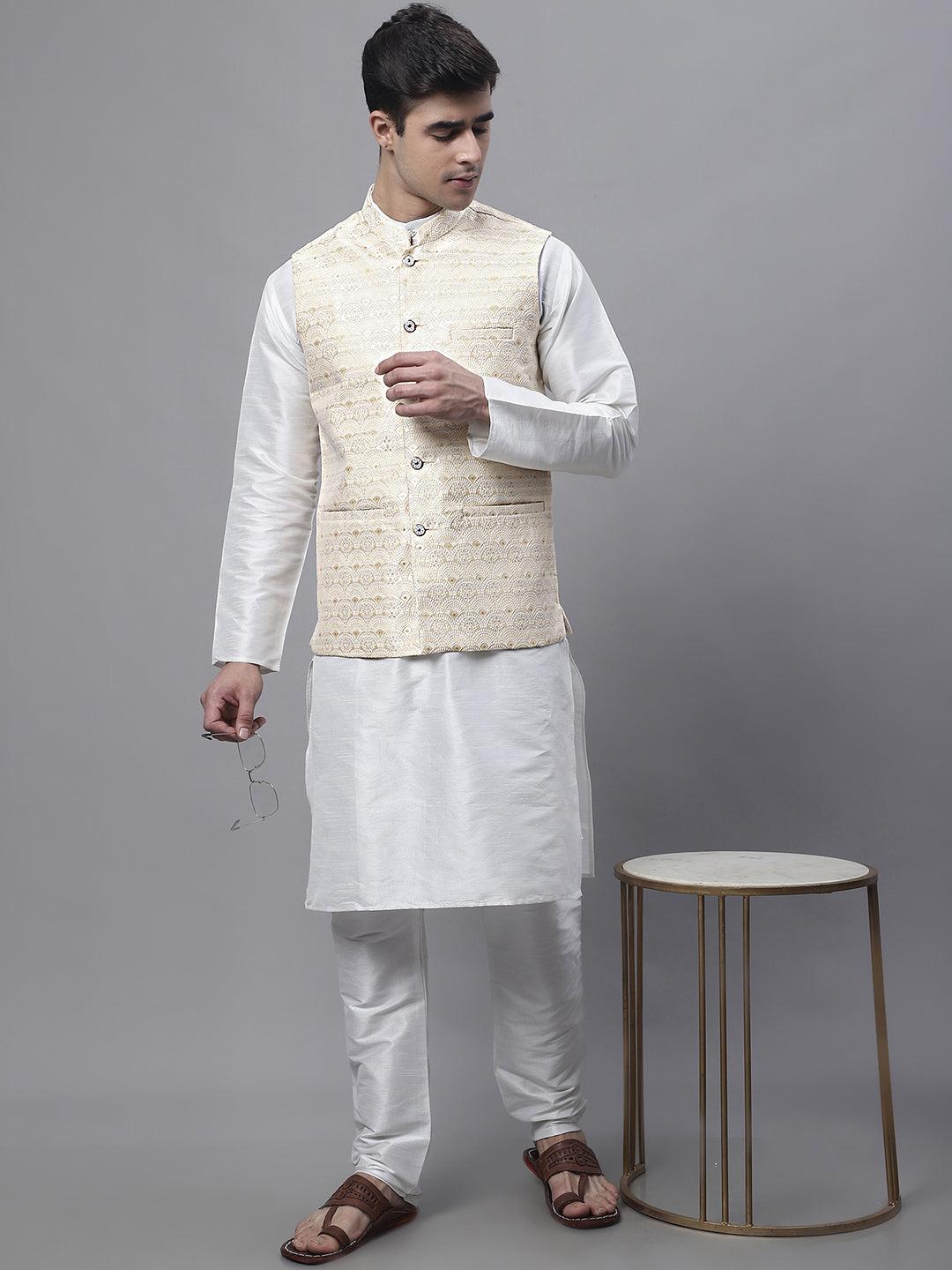 Jompers Men's off-White Solid Kurta Pyjama with Golden Woven Design Nehru Jacket