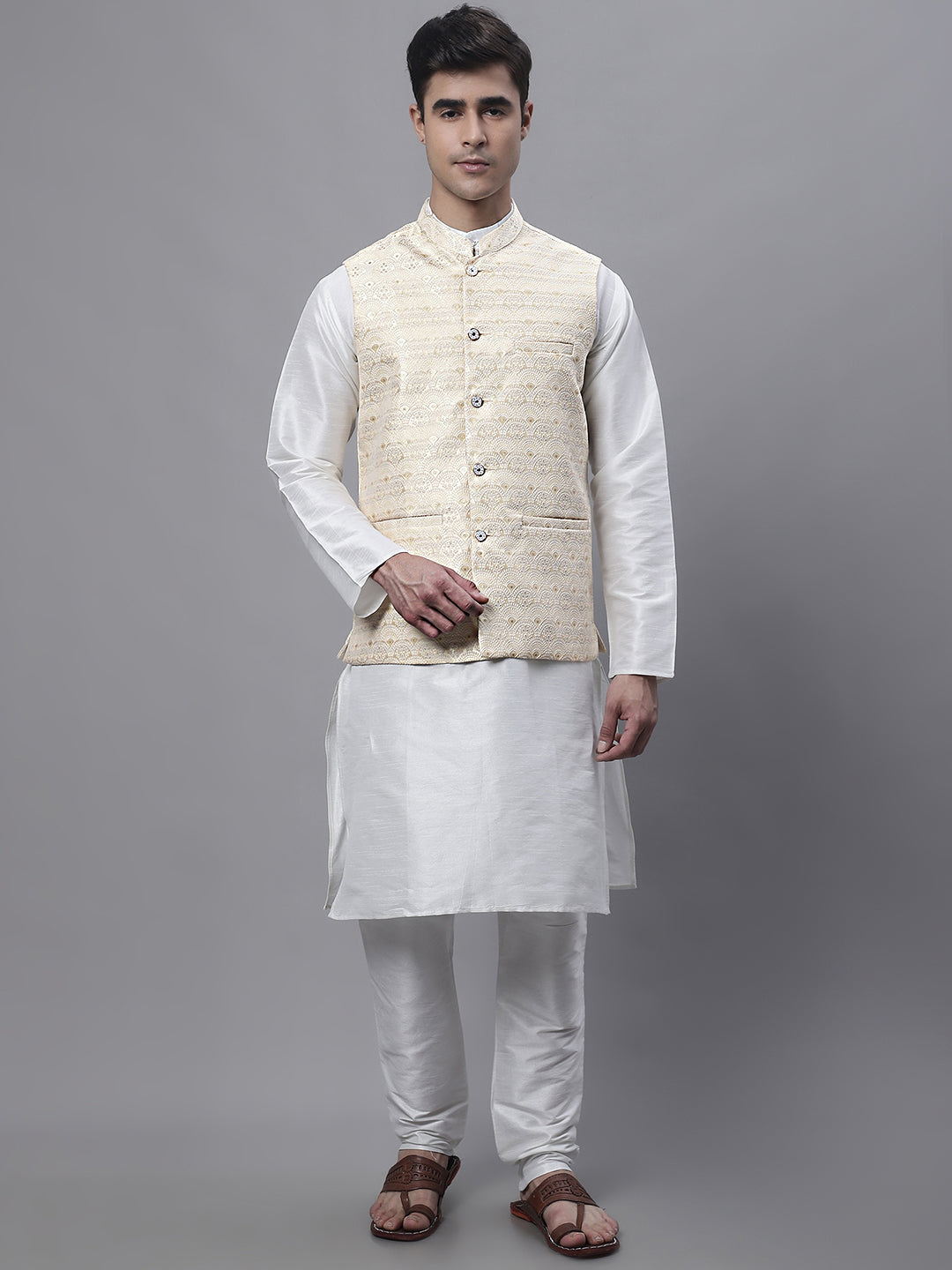 Jompers Men's off-White Solid Kurta Pyjama with Golden Woven Design Nehru Jacket