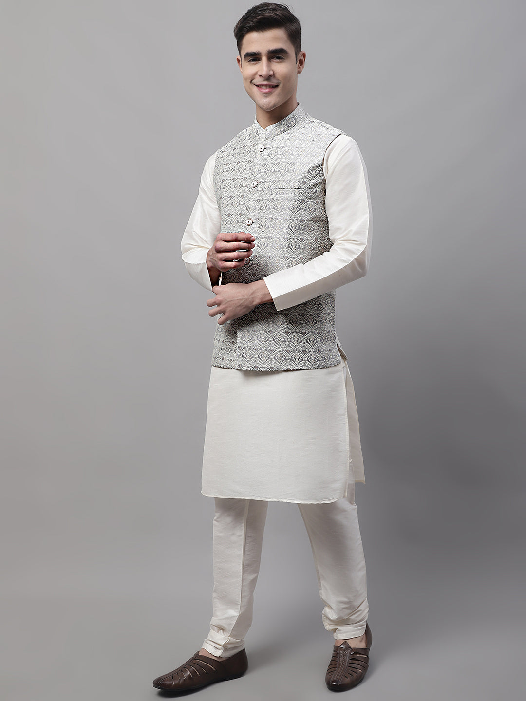 Jompers Men's off-White Solid Kurta Pyjama with Grey Woven Design Nehru Jacket
