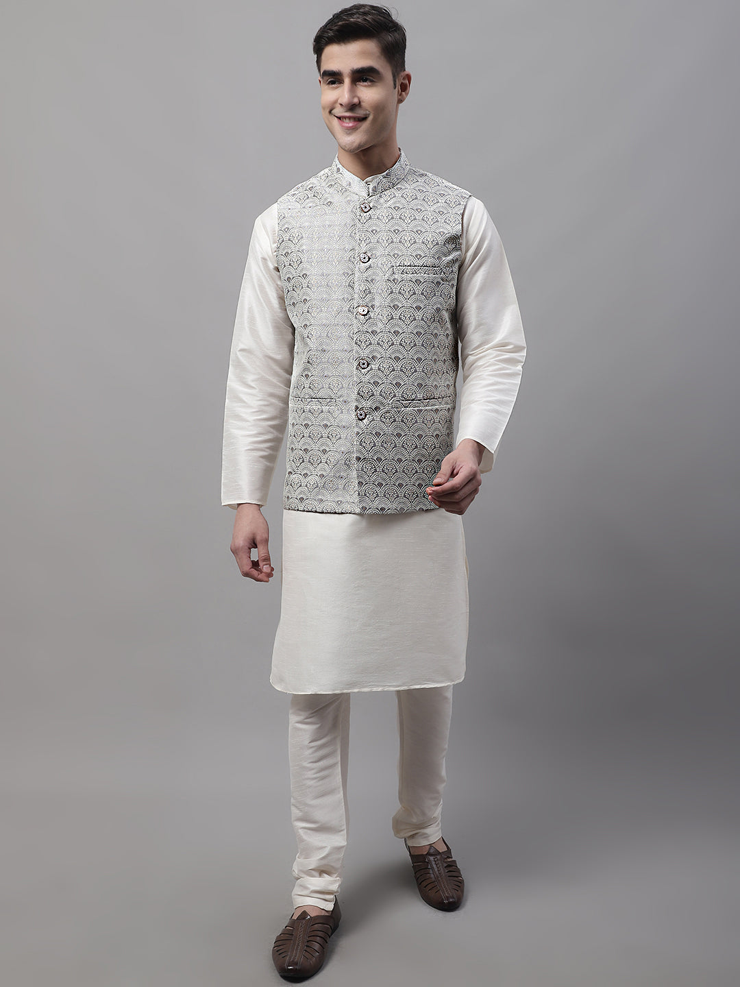 Jompers Men's off-White Solid Kurta Pyjama with Grey Woven Design Nehru Jacket