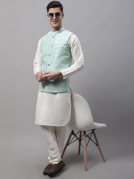 Jompers Men's off-White Solid Kurta Pyjama with Sky Blue Woven Design Nehru Jacket