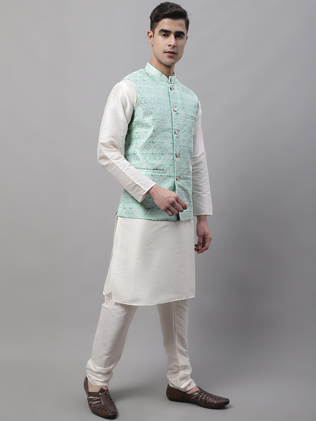 Jompers Men's off-White Solid Kurta Pyjama with Sky Blue Woven Design Nehru Jacket