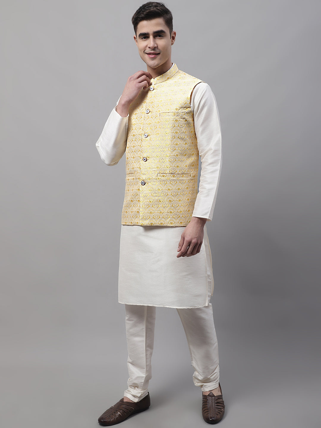 Jompers Men's off-White Solid Kurta Pyjama with Yellow Woven Design Nehru Jacket
