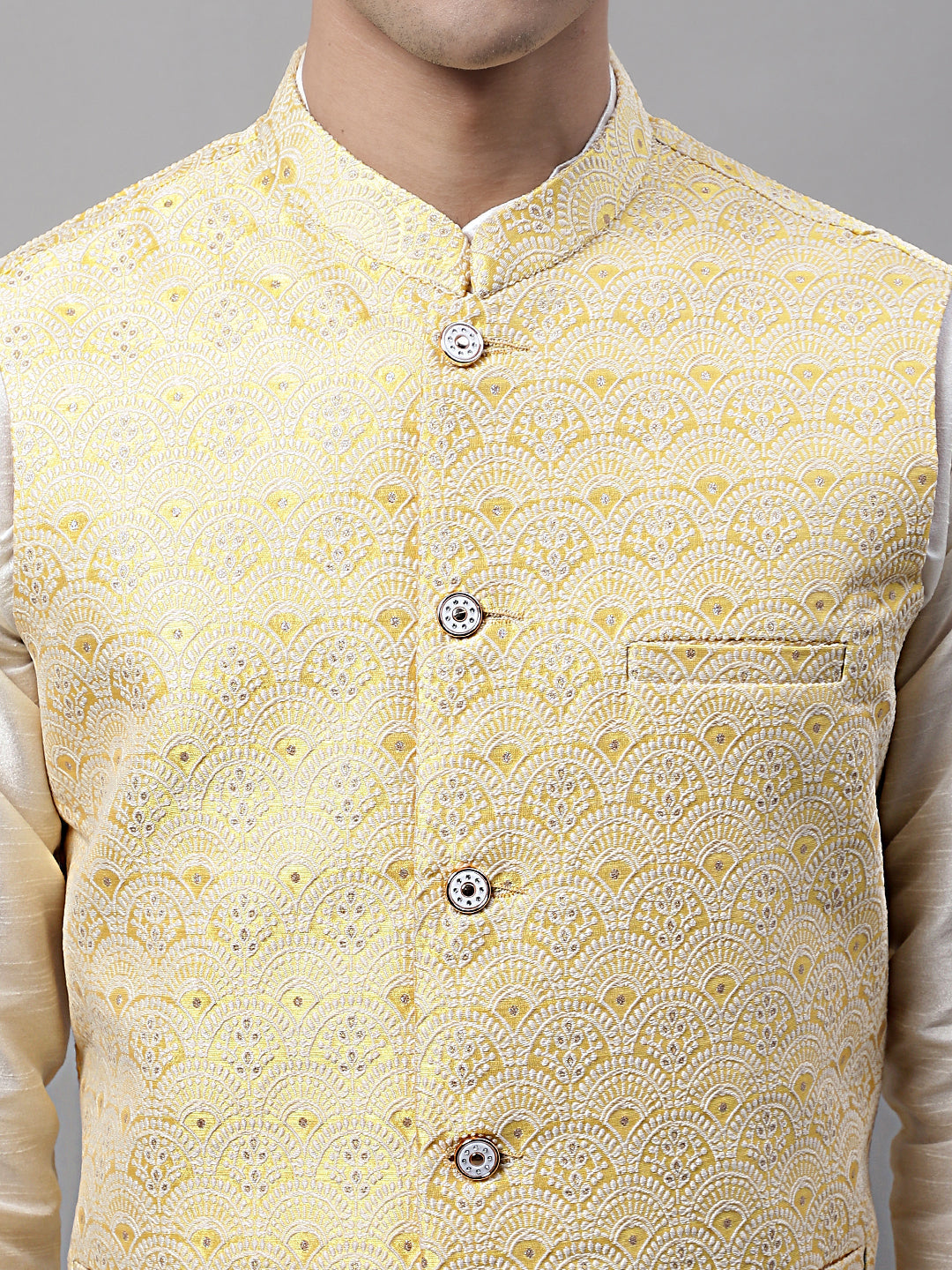 Jompers Men's off-White Solid Kurta Pyjama with Yellow Woven Design Nehru Jacket