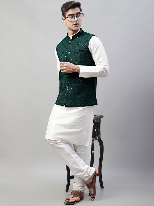 Jompers Men's White Solid Kurta Pyjama with Olive Green Embroidered Nehru Jacket