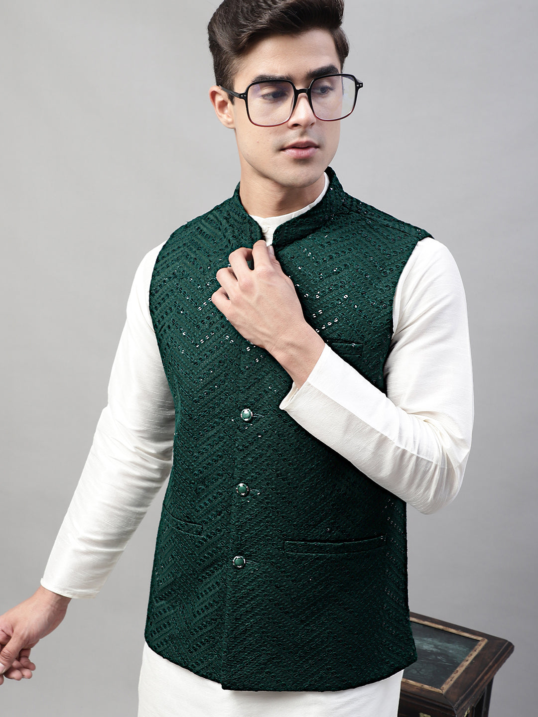 Jompers Men's White Solid Kurta Pyjama with Olive Green Embroidered Nehru Jacket