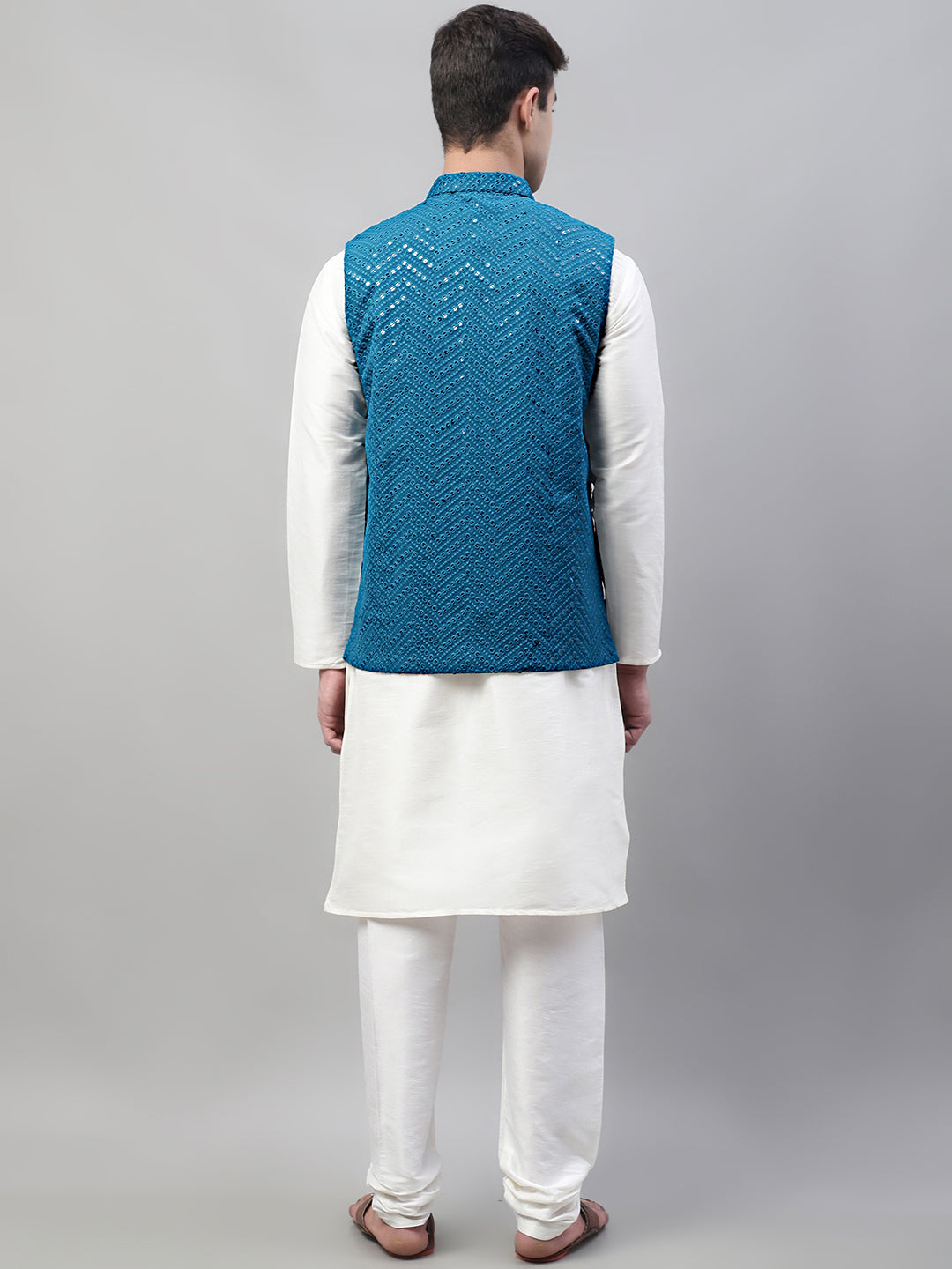 Jompers Men's White Solid Kurta Pyjama with Blue Embroidered Nehru Jacket