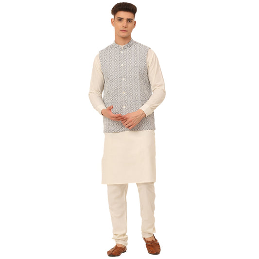 Jompers Men's White Cotton Blend Kurta with Pyjamas & Embroidered Nehru Jacket