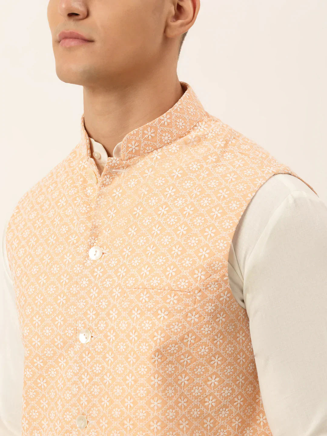Jompers Men's White Cotton Blend Kurta with Pyjamas & Orange Embroidered Nehru Jacket
