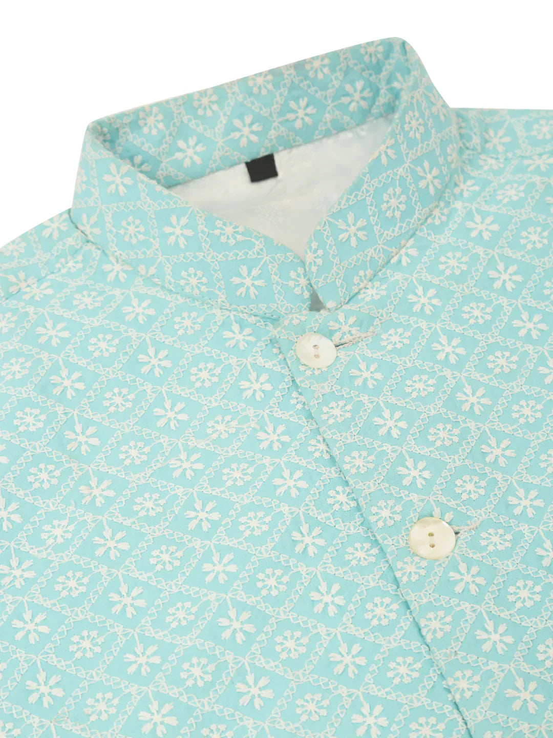Jompers Men's White Cotton Blend Kurta with Pyjamas & Sky Blue Embroidered Nehru Jacket