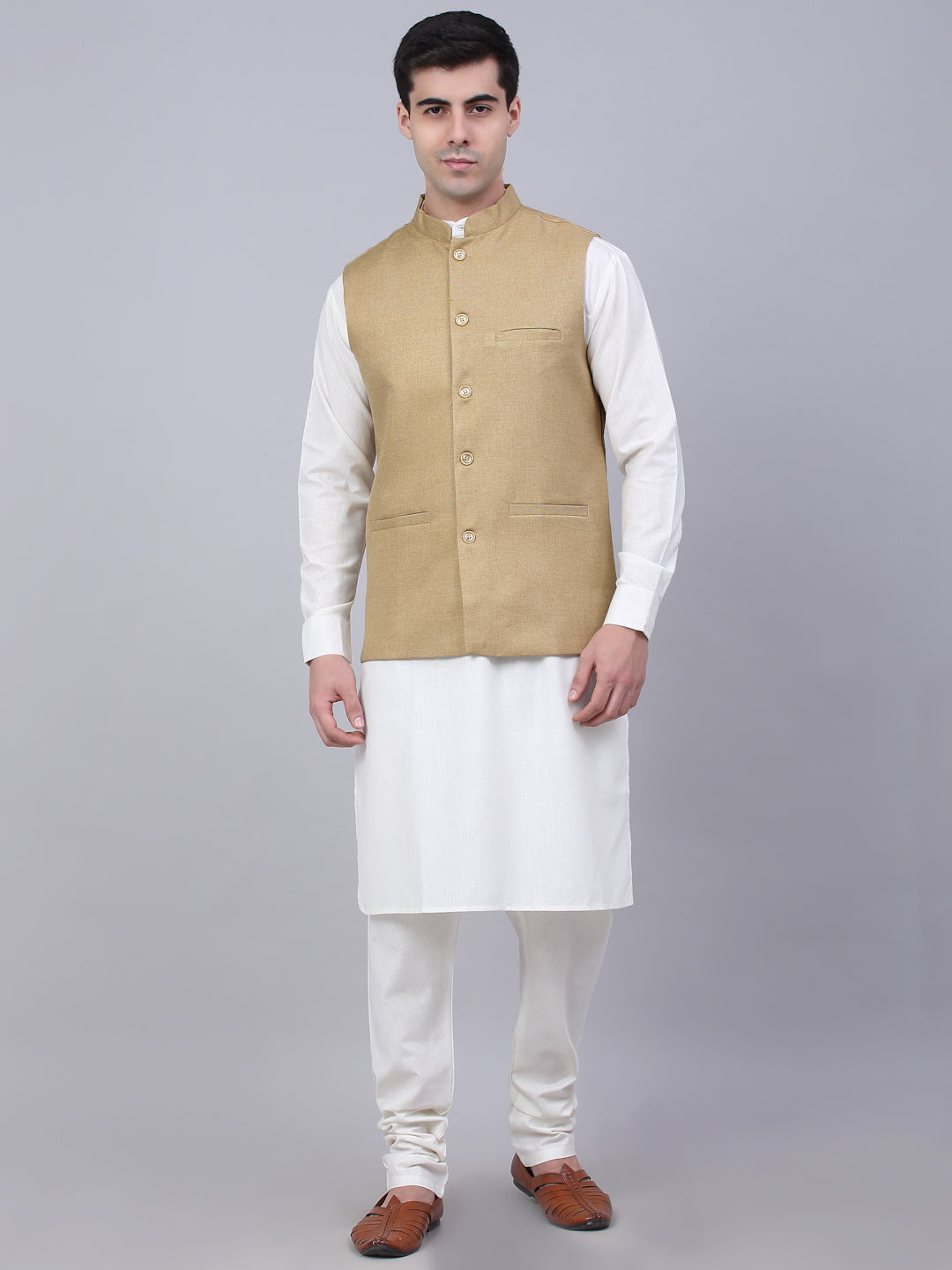Jompers Men's Solid Kurta Pyjama With Nehru Jacket - Beige