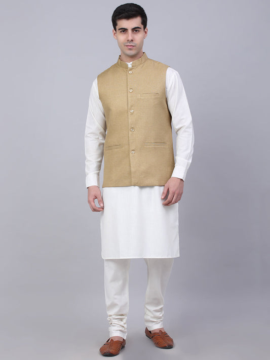 Jompers Men's Solid Kurta Pyjama With Nehru Jacket - Beige