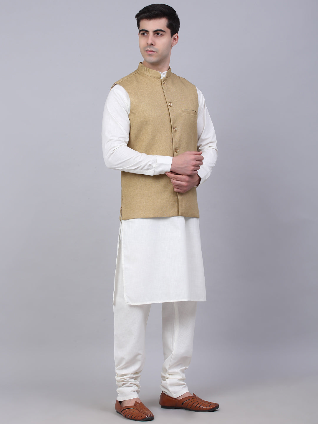 Jompers Men's Solid Kurta Pyjama With Nehru Jacket - Beige