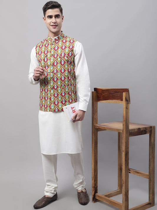 Jompers Men's off-White Solid Kurta Pyjama with Olive Printed Nehru Jacket
