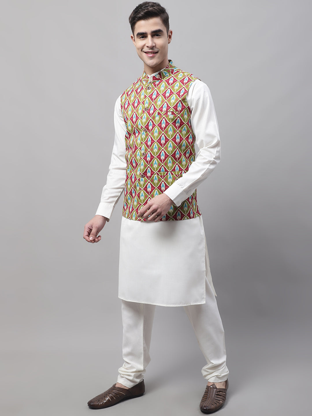 Jompers Men's off-White Solid Kurta Pyjama with Olive Printed Nehru Jacket