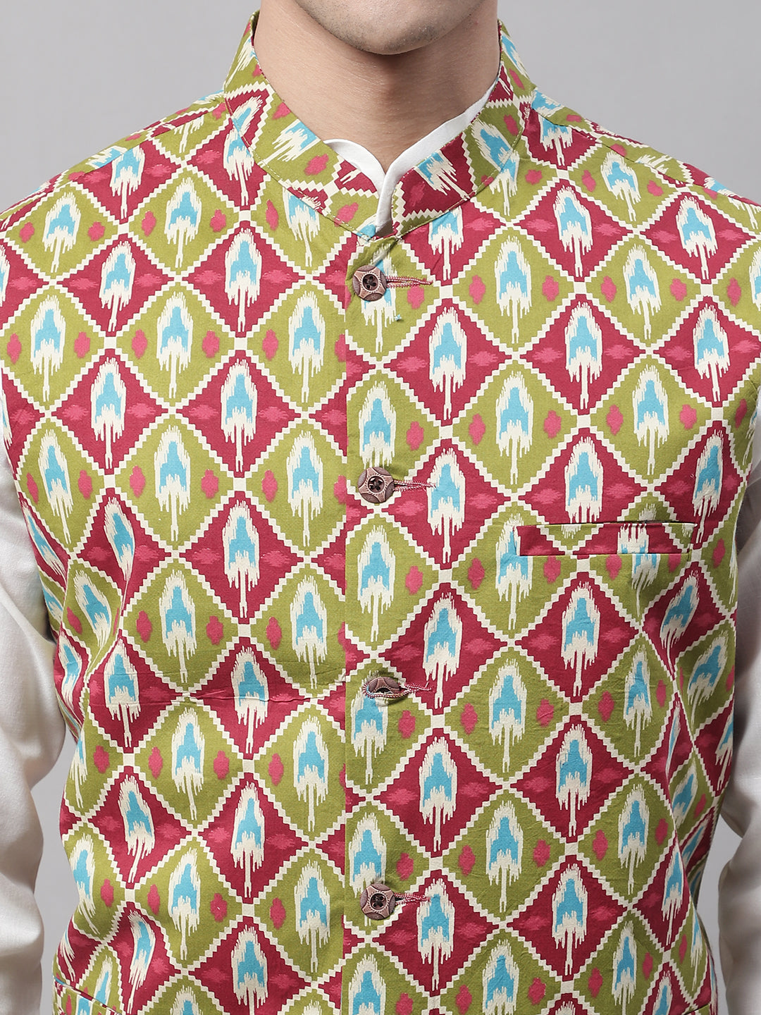 Jompers Men's off-White Solid Kurta Pyjama with Olive Printed Nehru Jacket