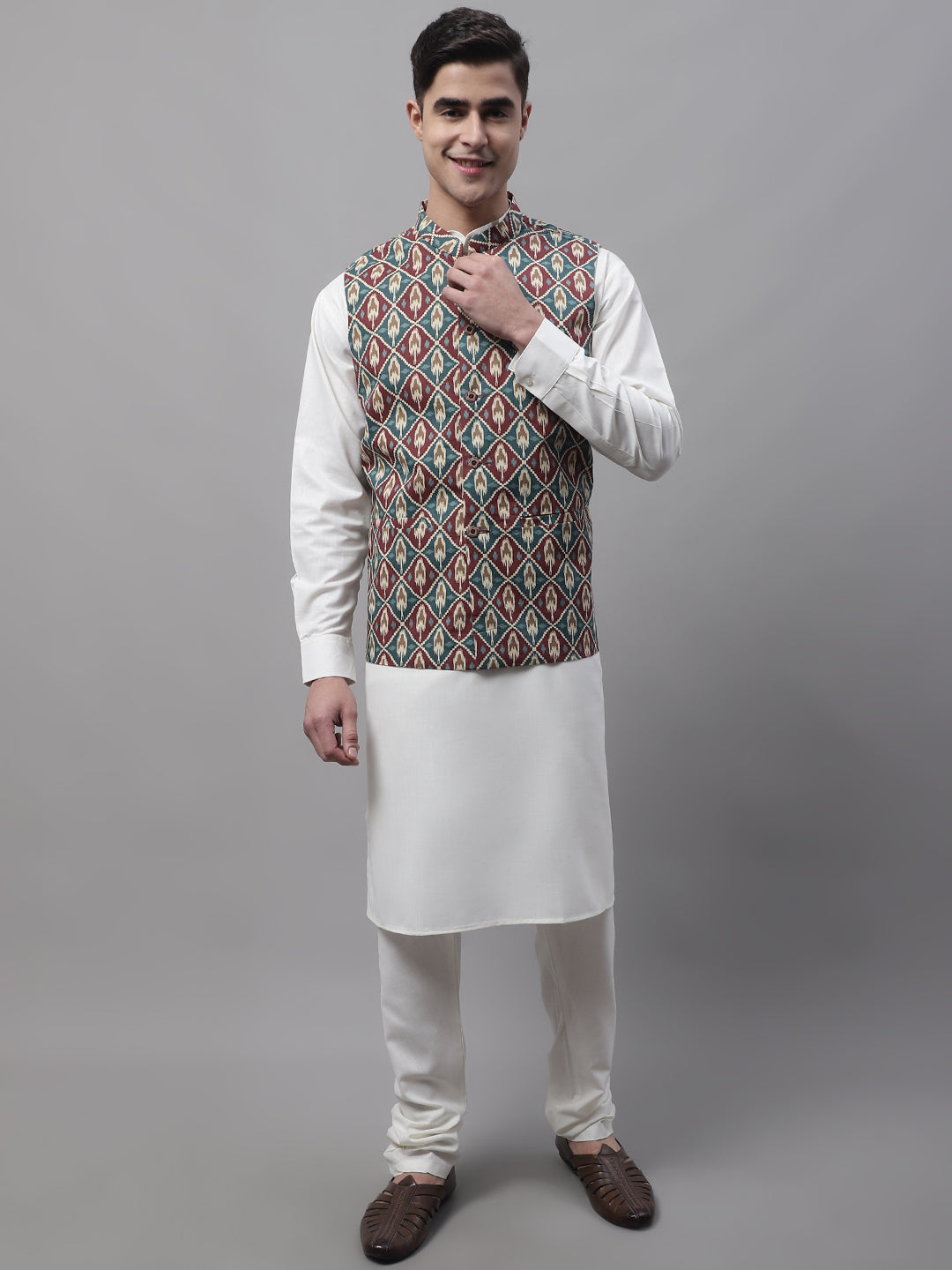 Jompers Men's off-White Solid Kurta Pyjama with Teal Blue Printed Nehru Jacket