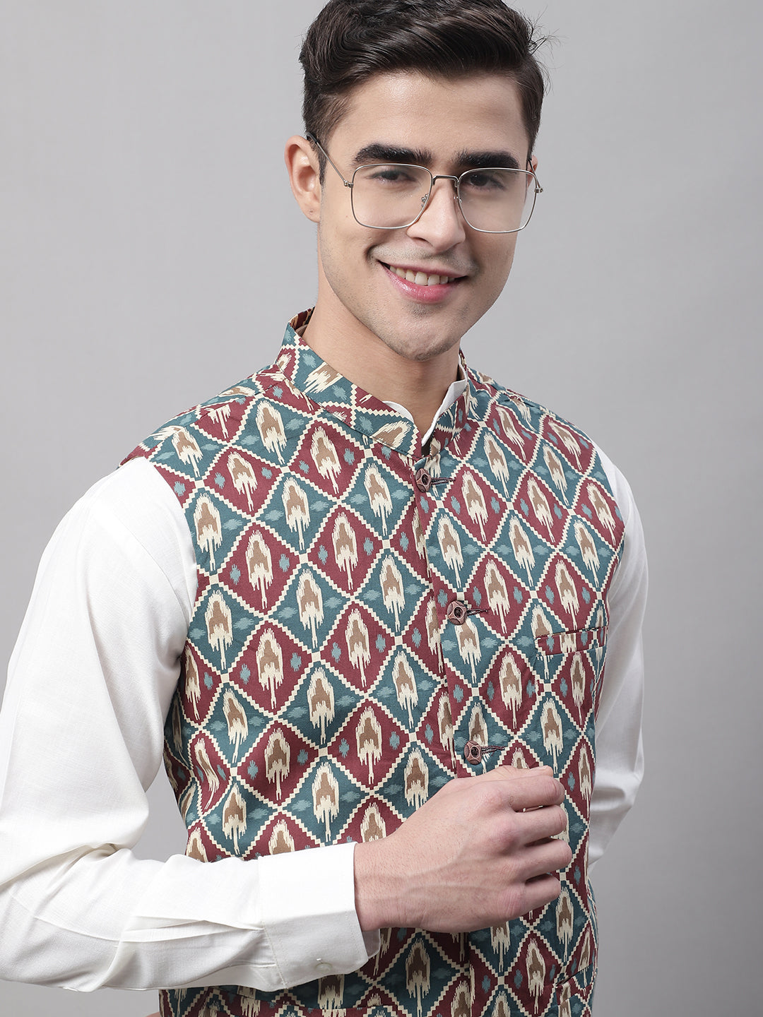 Jompers Men's off-White Solid Kurta Pyjama with Teal Blue Printed Nehru Jacket