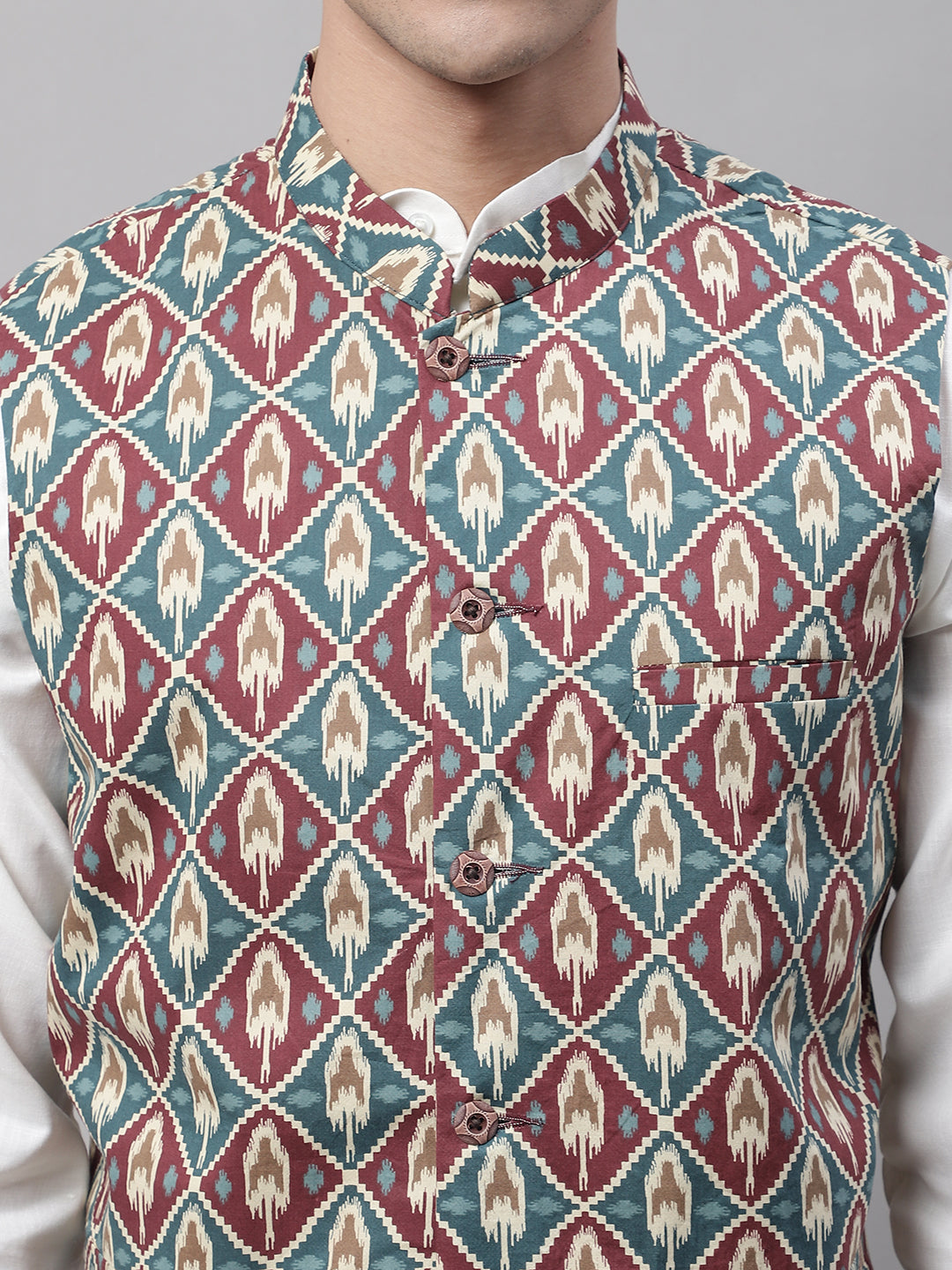 Jompers Men's off-White Solid Kurta Pyjama with Teal Blue Printed Nehru Jacket