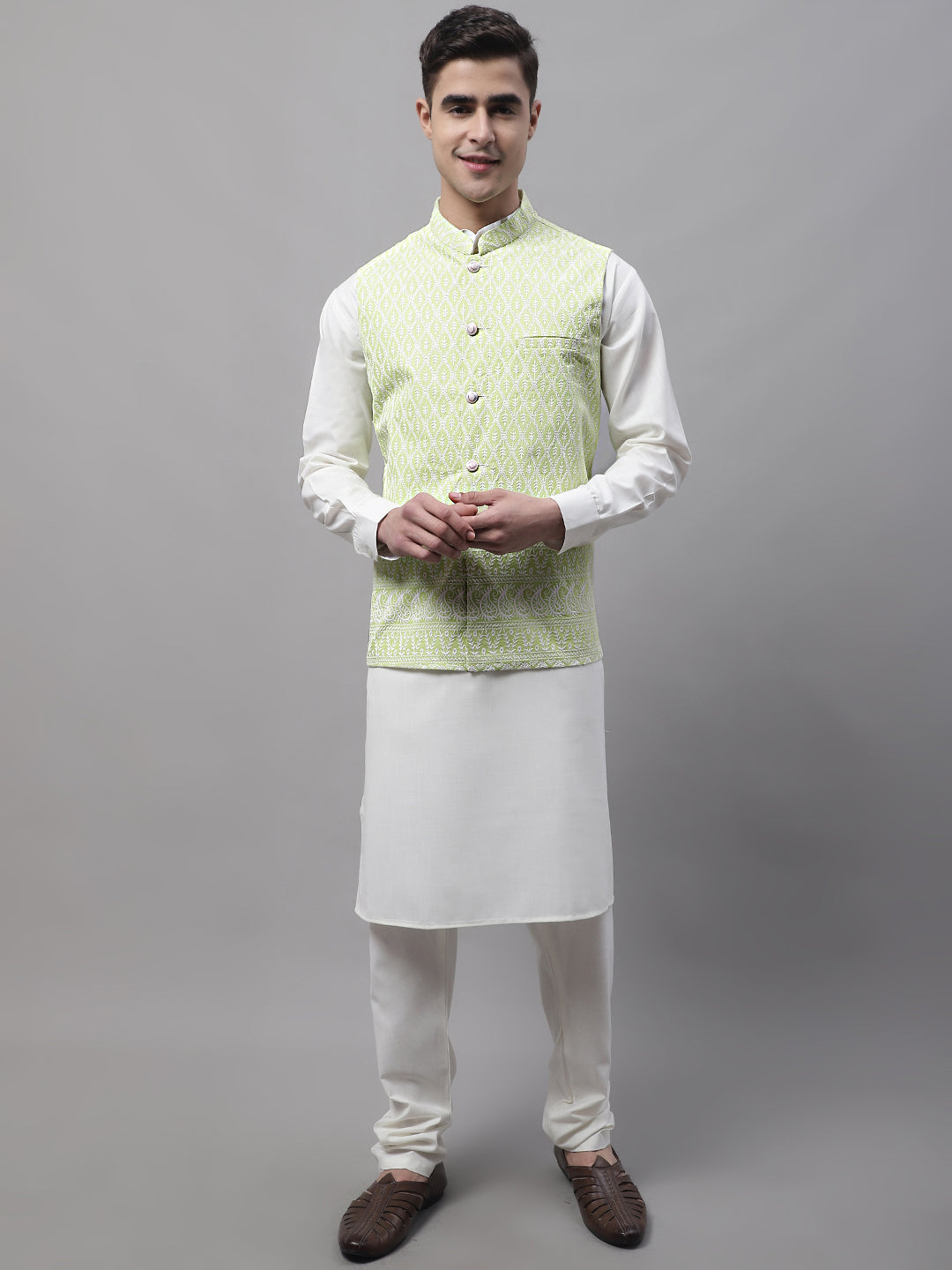 Jompers Men's off-White Solid Kurta Pyjama with Green Embroidered Nehru Jacket