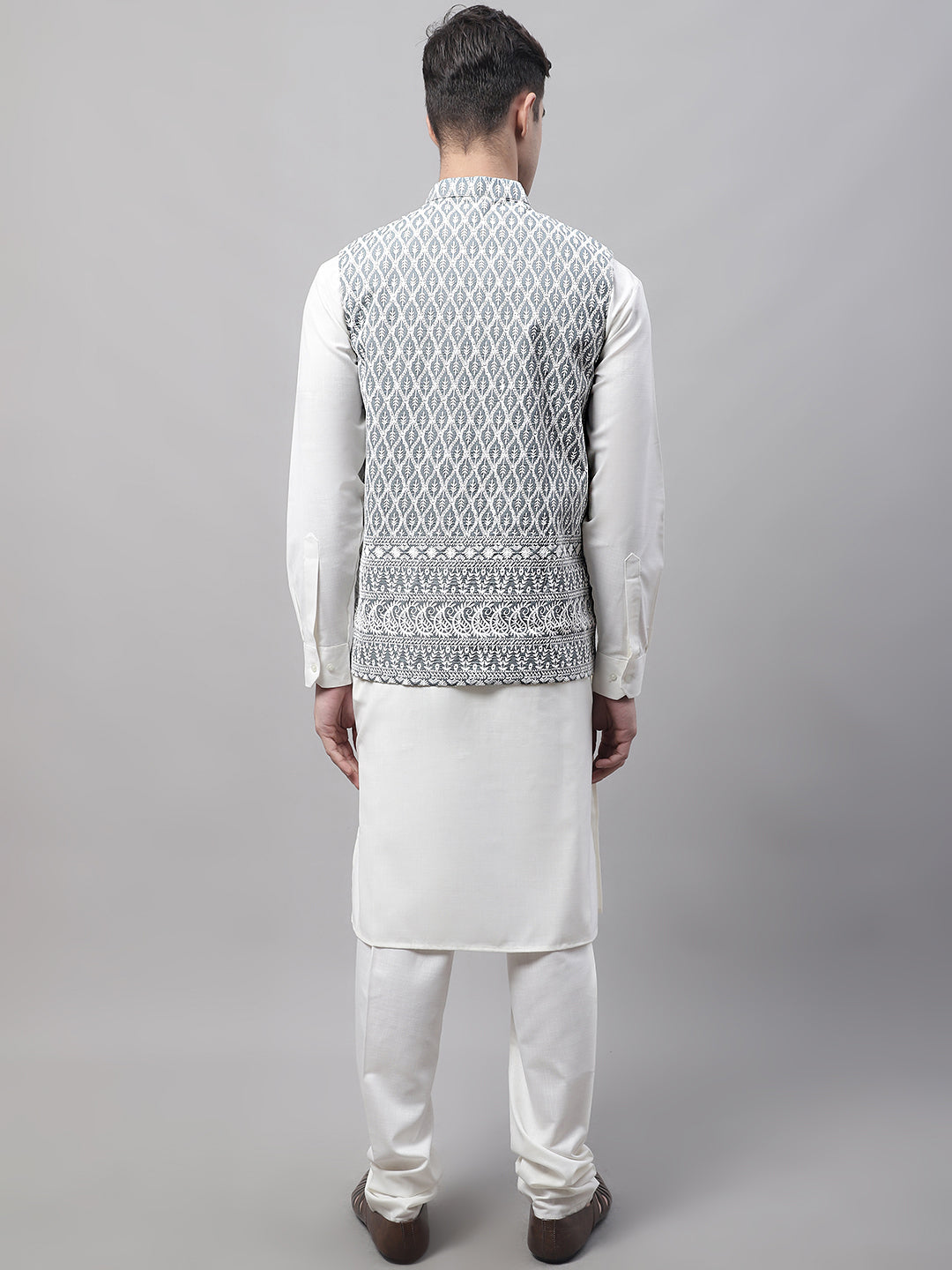 Jompers Men's off-White Solid Kurta Pyjama with Grey Embroidered Nehru Jacket
