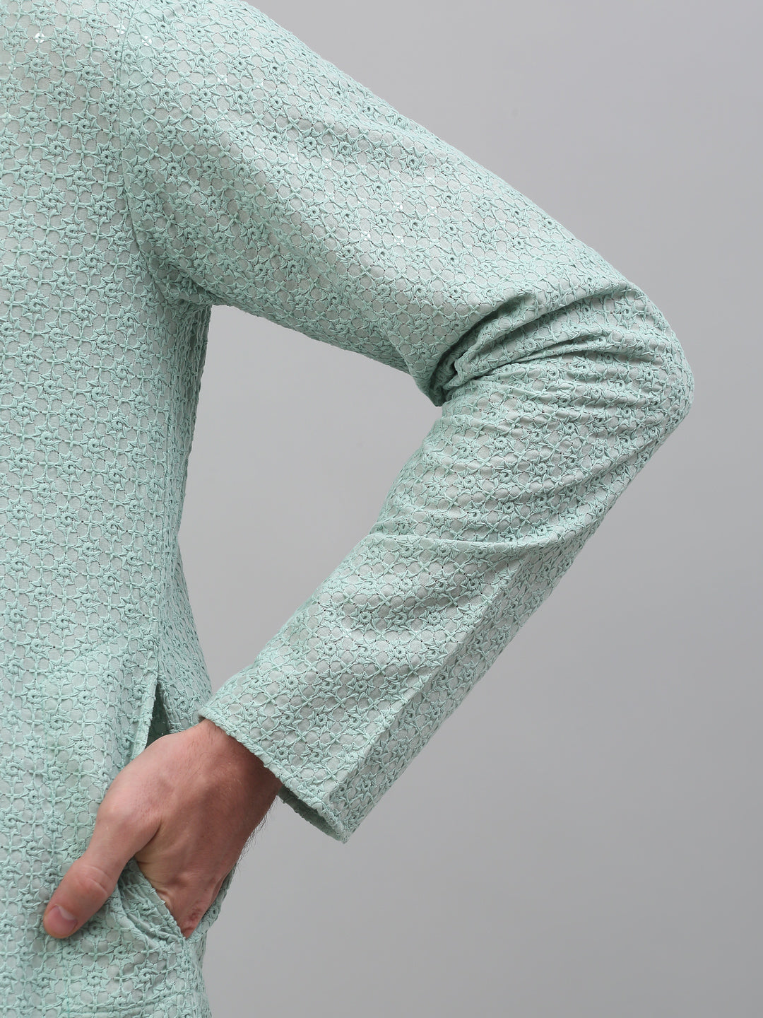 Jompers Men's Green Chikankari Embroidered and Sequence Kurta with Pyjama