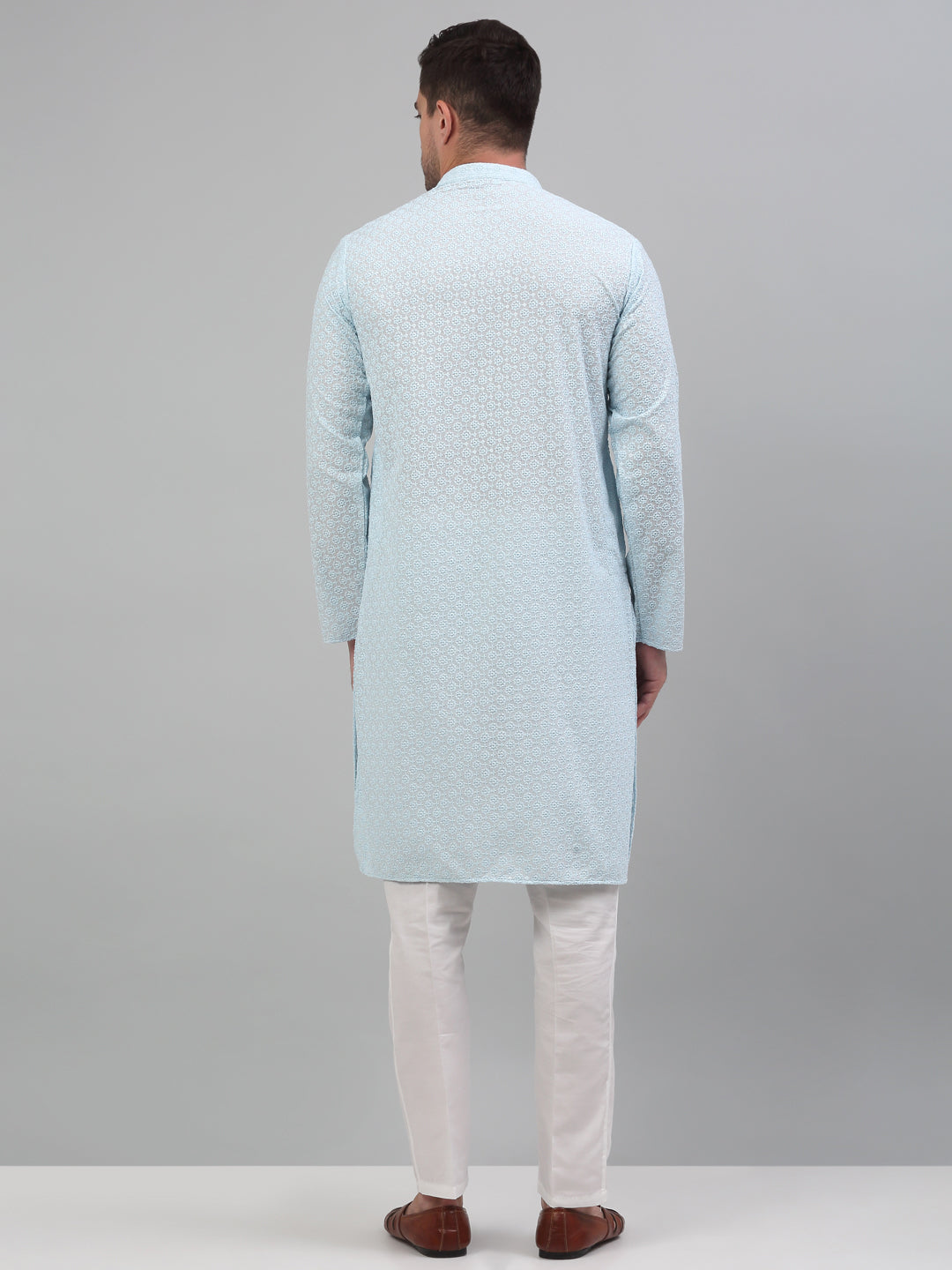 Jompers Men's Sky Blue Chikankari Embroidered and Sequence Kurta with Pyjama