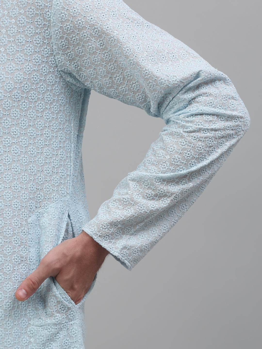 Jompers Men's Sky Blue Chikankari Embroidered and Sequence Kurta with Pyjama