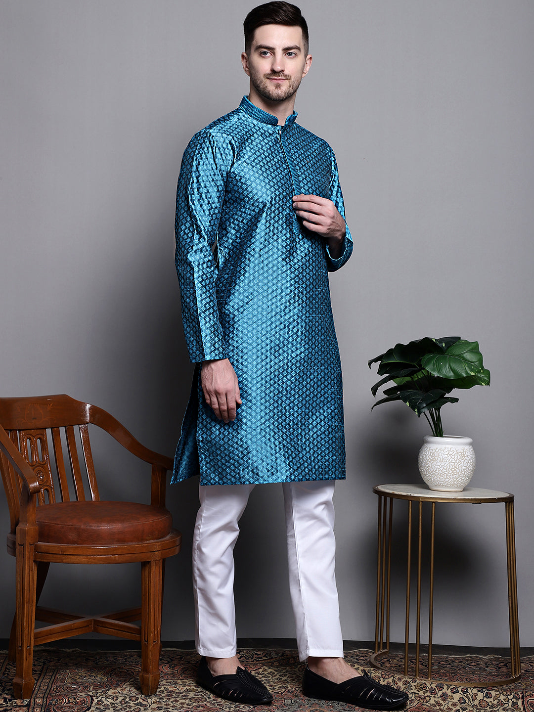 Jompers Men's Woven Design Kurta with Pyjamas - Peacock