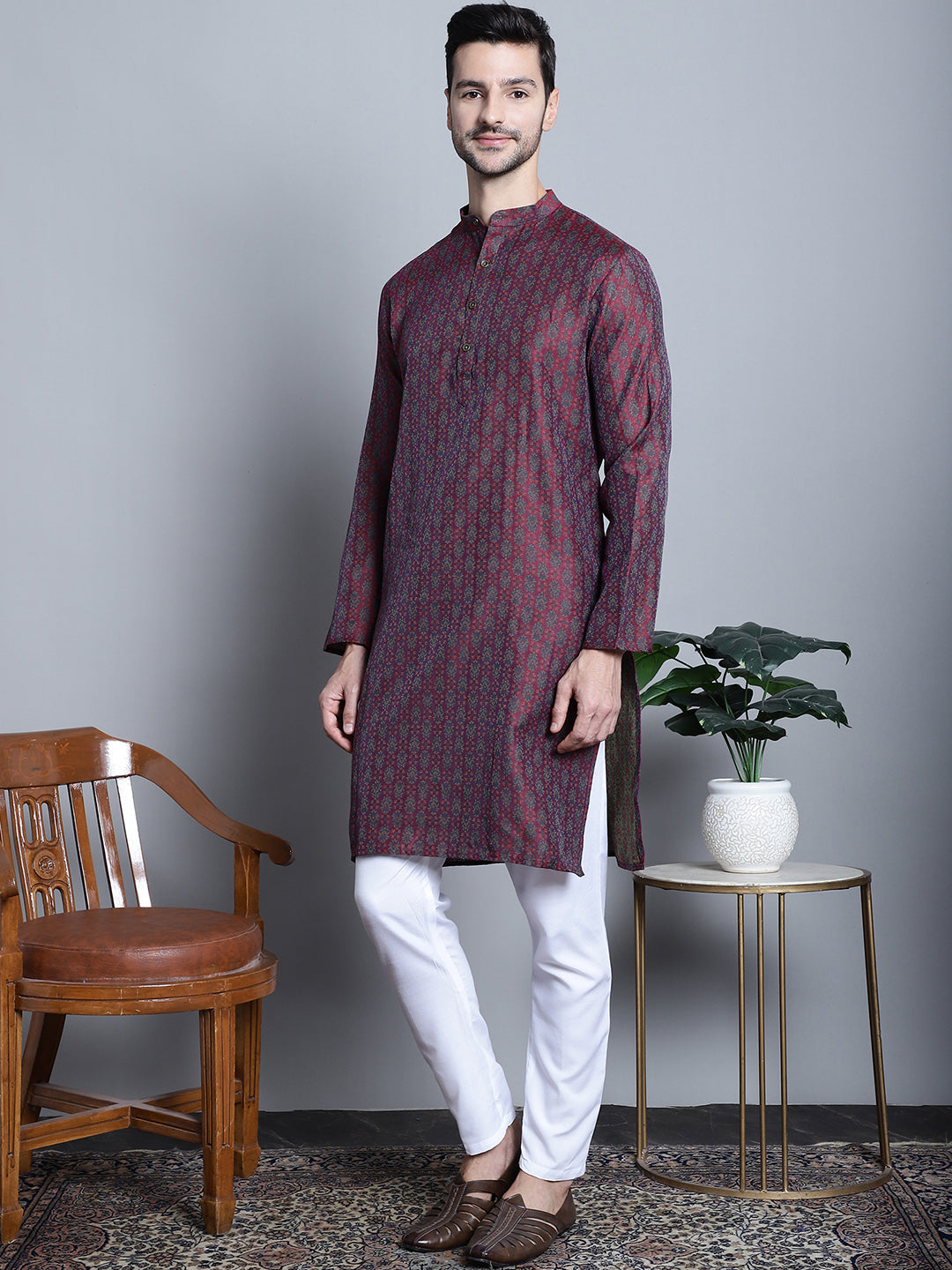Jompers Men's Maroon Woven Design Kurta with Pyjamas