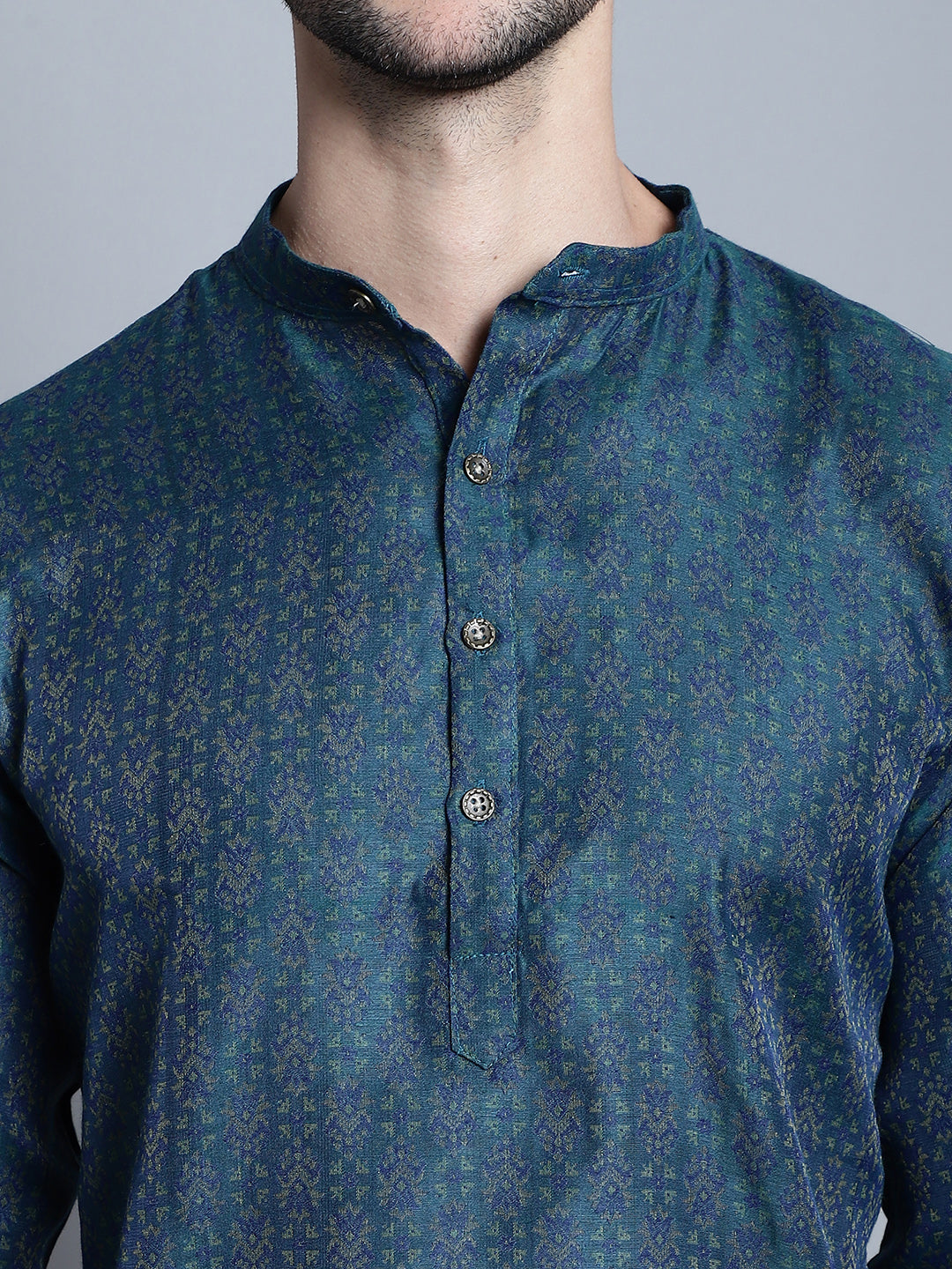 Jompers Men's Navy Blue Woven Design Kurta with Pyjamas