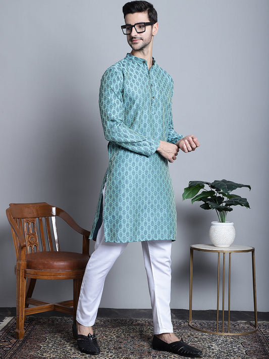 Jompers Men's Blue Woven Design Kurta with Pyjamas