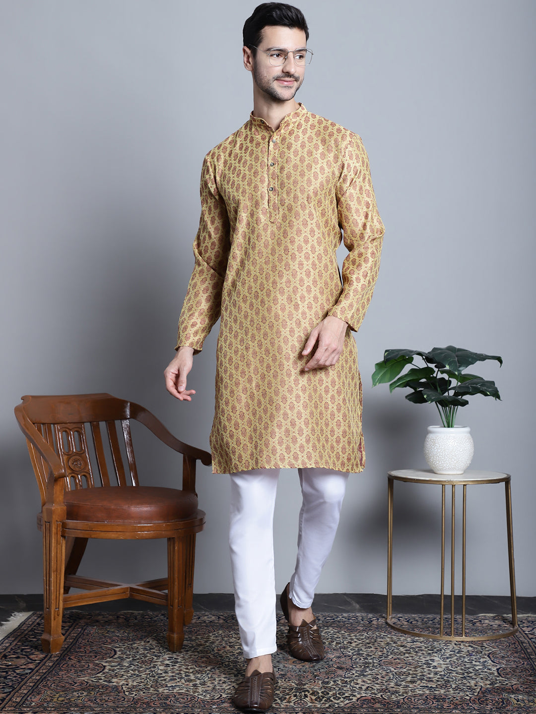 Jompers Men's Yellow Woven Design Kurta with Pyjamas