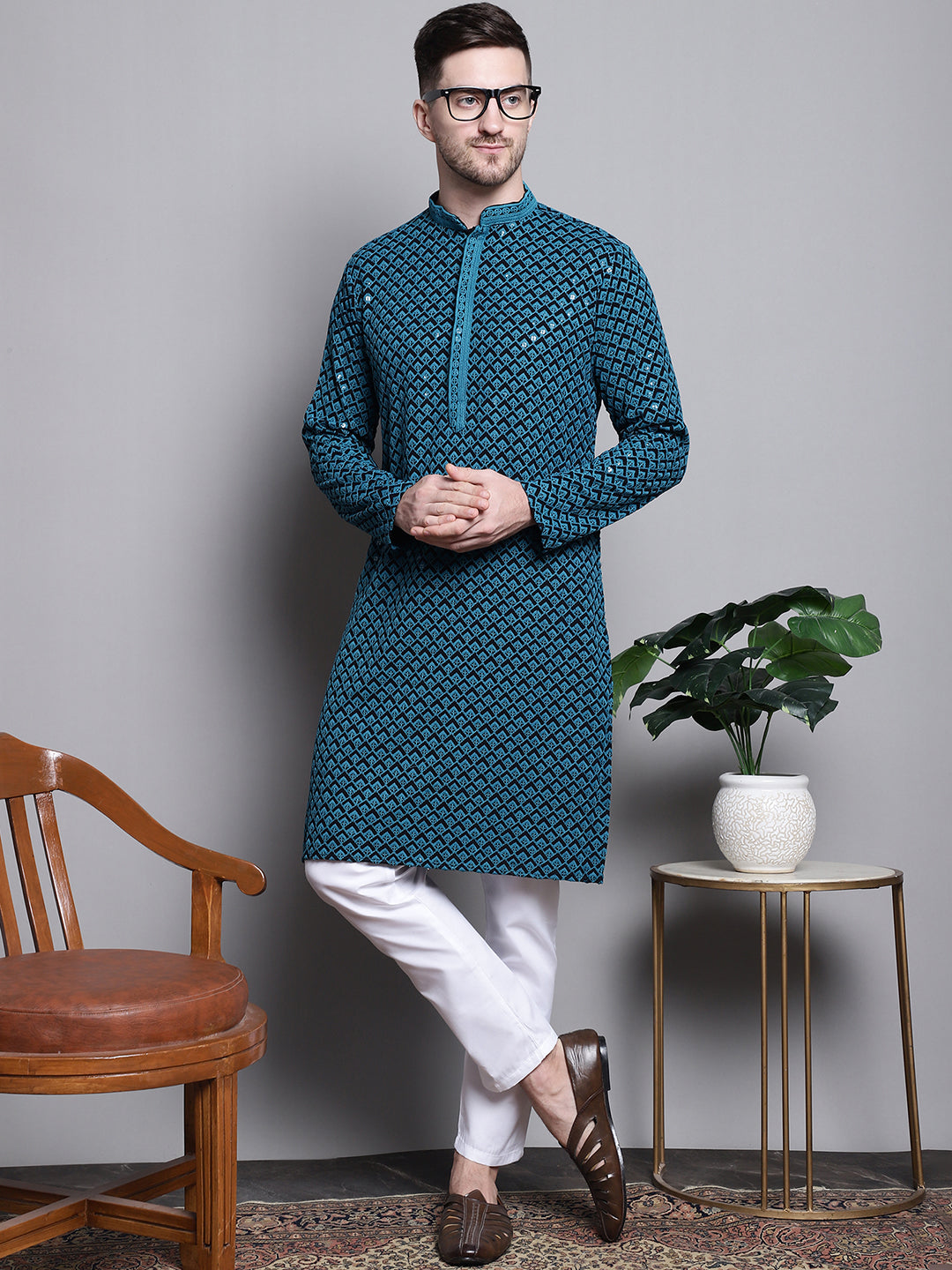 Jompers Men's Sequin Embroidered Pure Cotton Kurta with Pyjamas - Blue