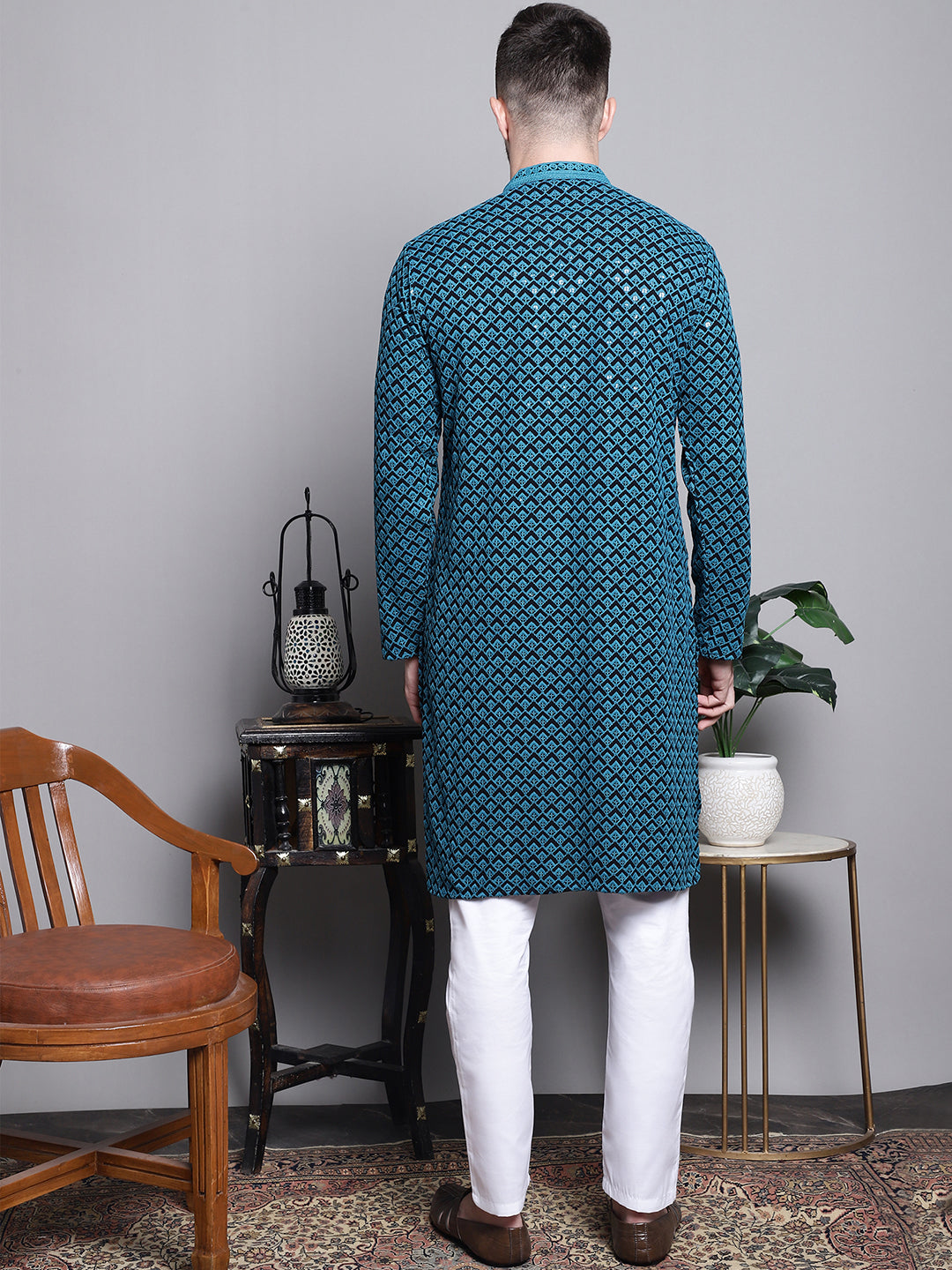 Jompers Men's Sequin Embroidered Pure Cotton Kurta with Pyjamas - Blue