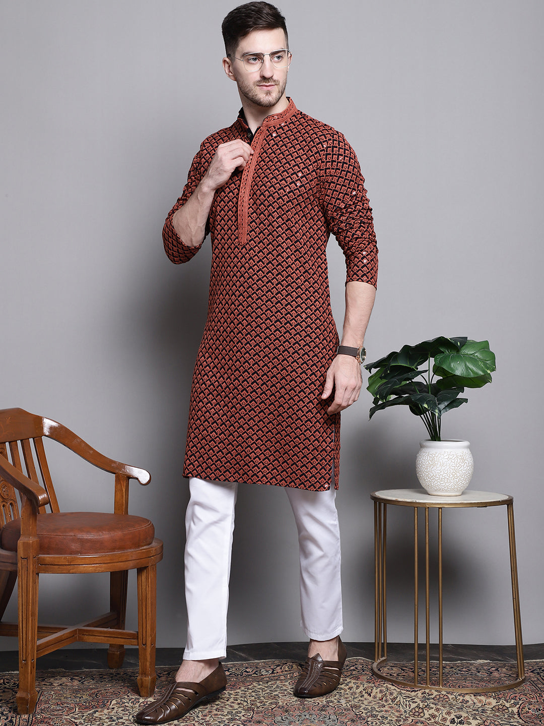 Jompers Men's Sequin Embroidered Pure Cotton Kurta with Pyjamas - Orange