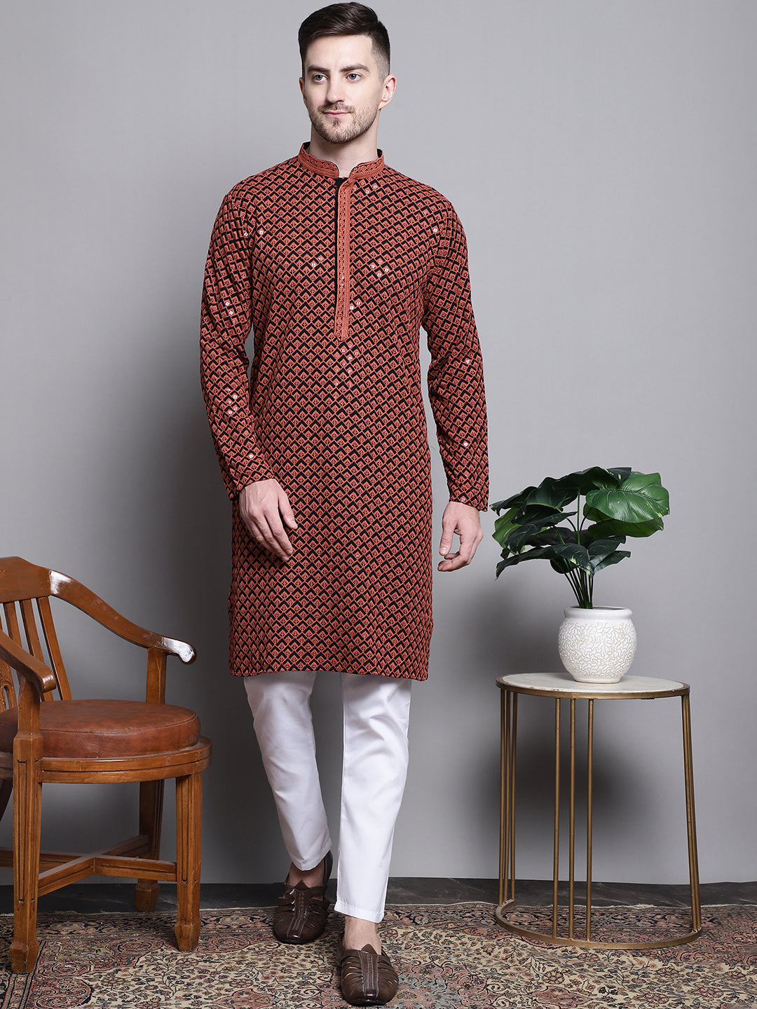 Jompers Men's Sequin Embroidered Pure Cotton Kurta with Pyjamas - Orange