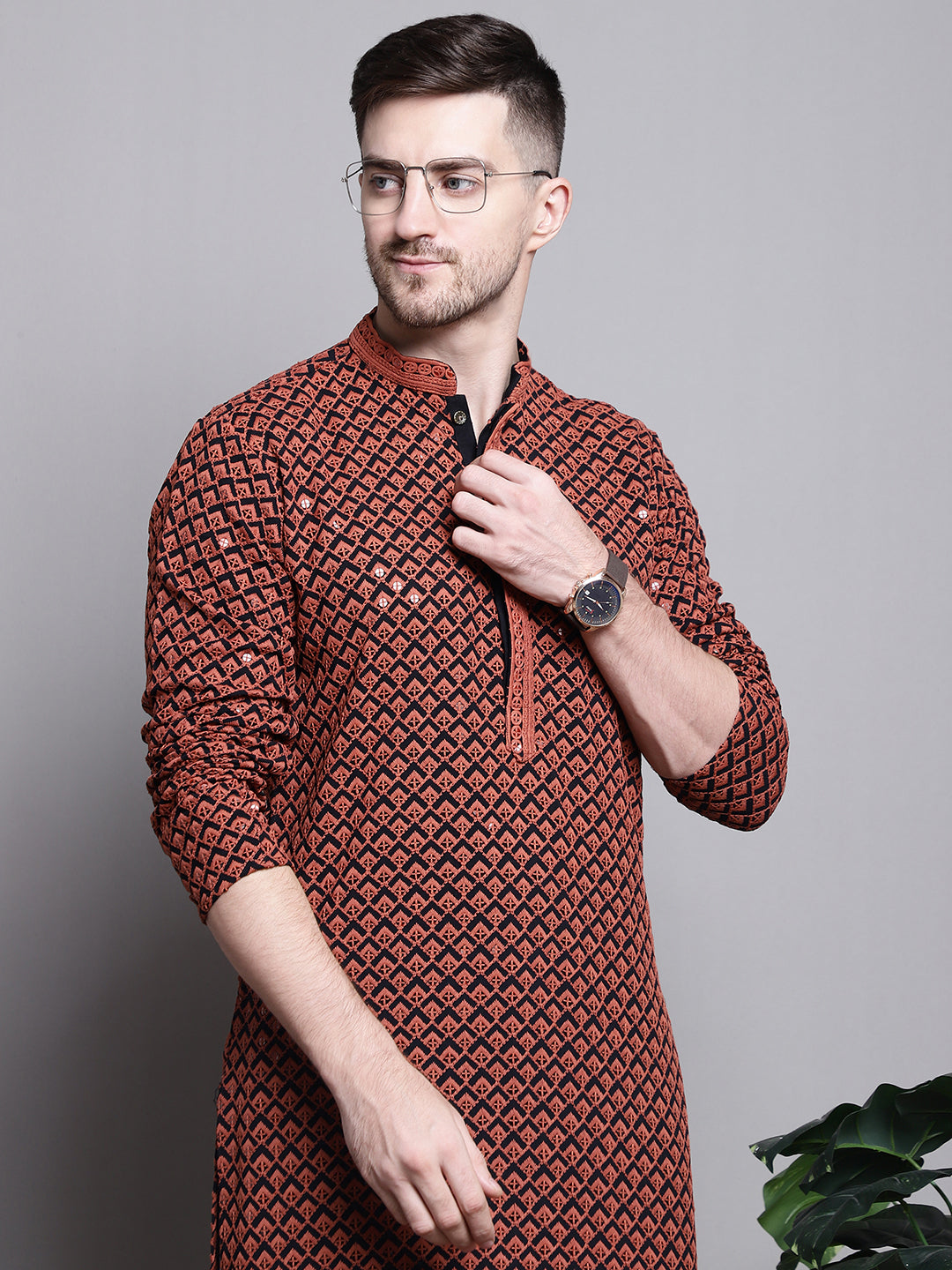Jompers Men's Sequin Embroidered Pure Cotton Kurta with Pyjamas - Orange