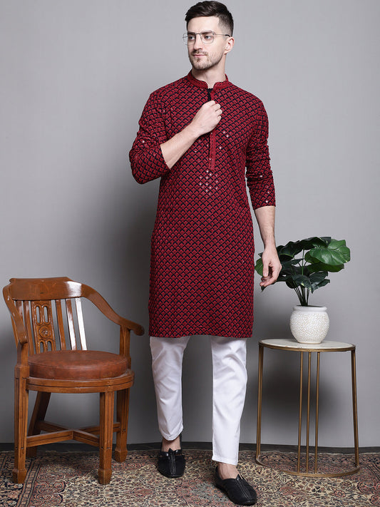 Jompers Men's Sequin Embroidered Pure Cotton Kurta with Pyjamas - Red