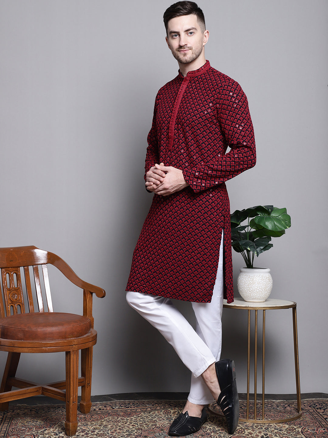 Jompers Men's Sequin Embroidered Pure Cotton Kurta with Pyjamas - Red