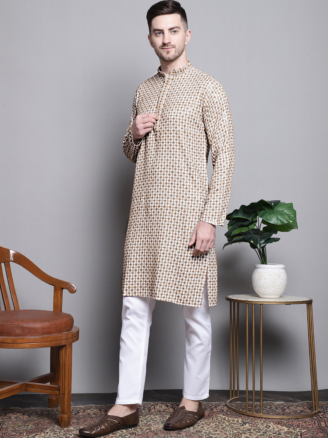 Jompers Men's Sequin Embroidered Pure Cotton Kurta with Pyjamas - Cream