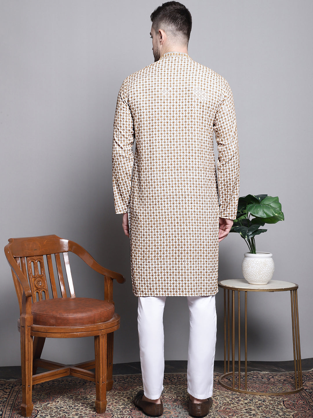 Jompers Men's Sequin Embroidered Pure Cotton Kurta with Pyjamas - Cream