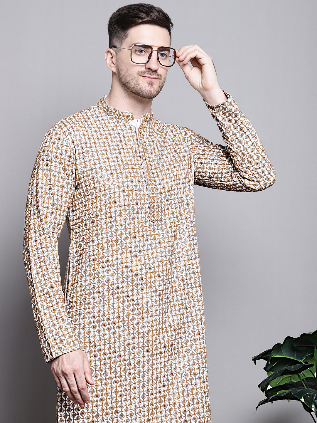 Jompers Men's Sequin Embroidered Pure Cotton Kurta with Pyjamas - Cream