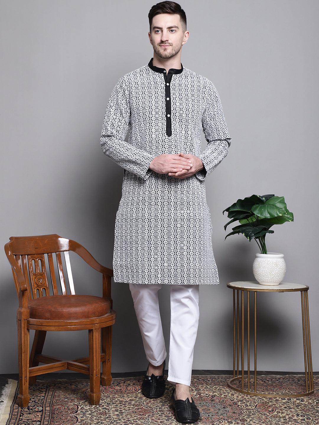Jompers Men's Sequin Embroidered Silk Blend Kurta with Pyjamas - Black