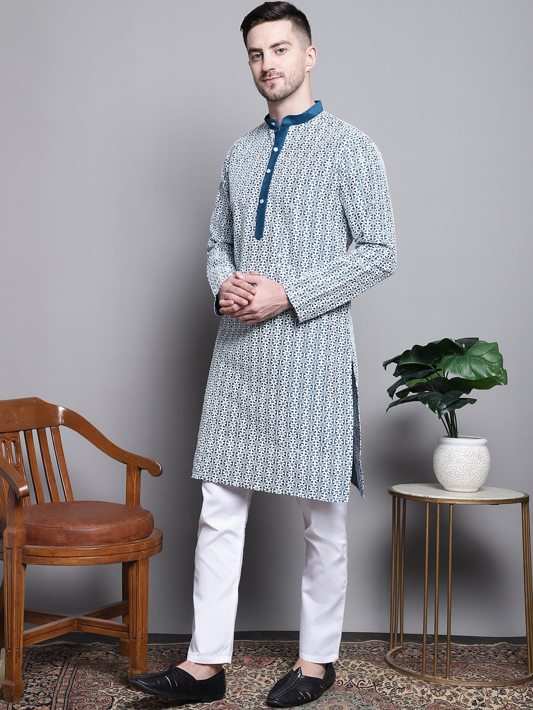 Jompers Men's Sequin Embroidered Silk Blend Kurta with Pyjamas - Peacock