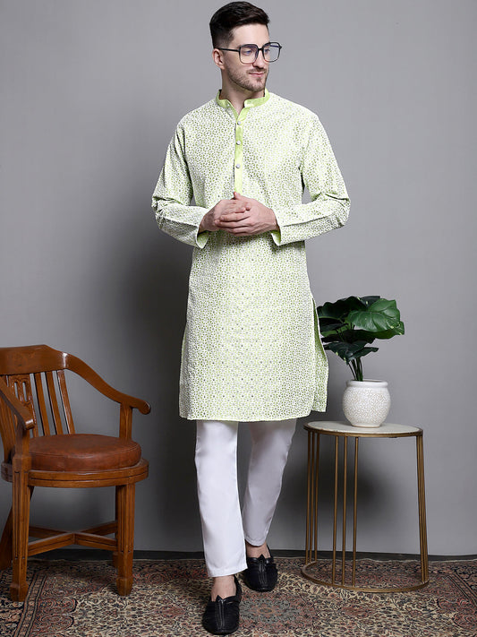 Jompers Men's Sequin Embroidered Silk Blend Kurta with Pyjamas - Pista