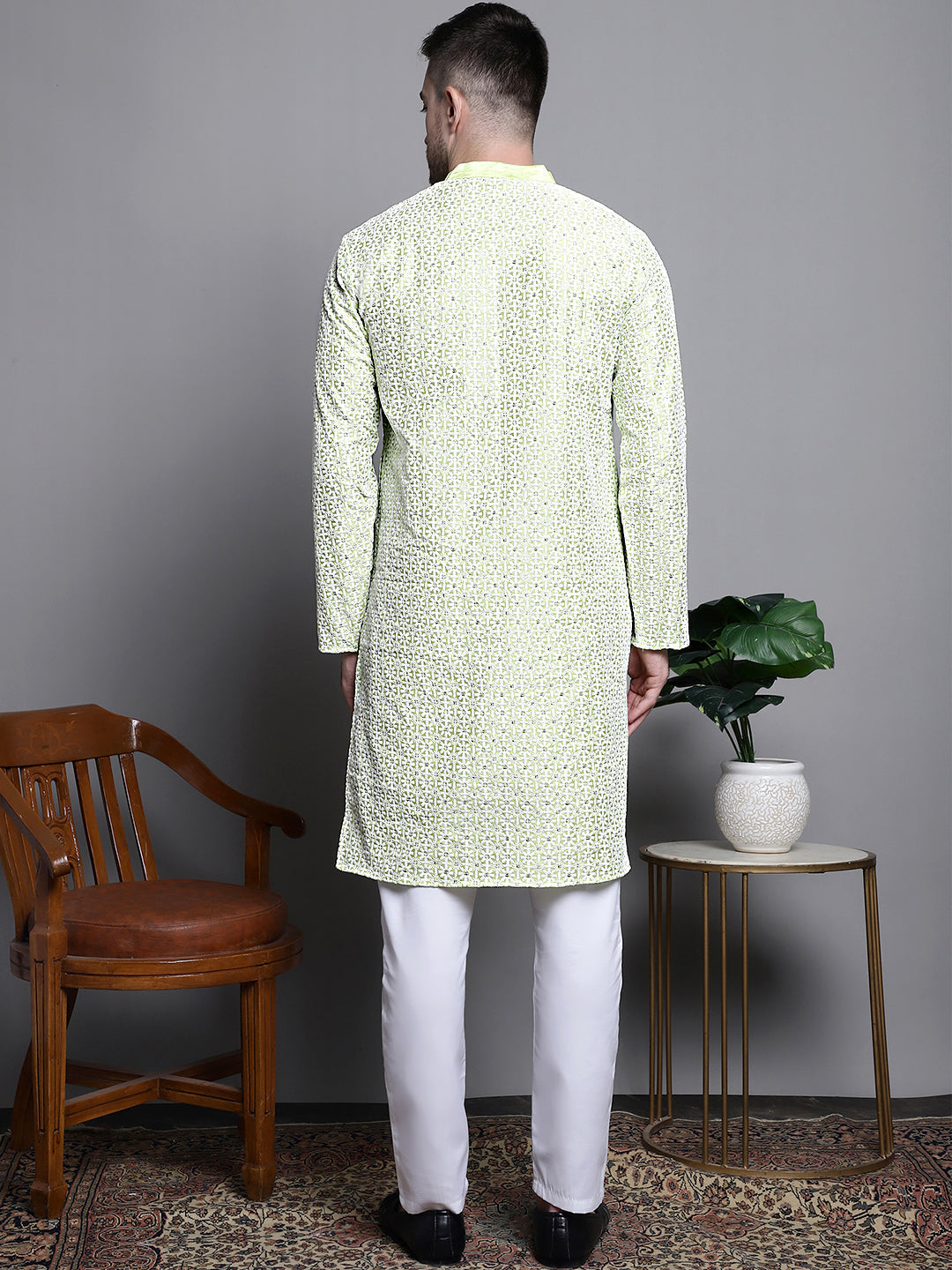 Jompers Men's Sequin Embroidered Silk Blend Kurta with Pyjamas - Pista