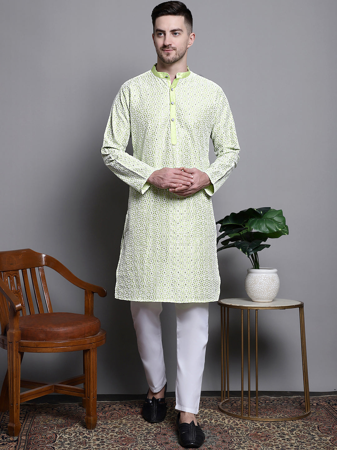 Jompers Men's Sequin Embroidered Silk Blend Kurta with Pyjamas - Pista
